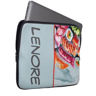 Housse Pour Ordinateur Portable Sushi coloré sur Monogramme gris Nom