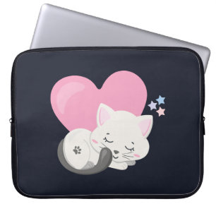 Housse Pour Ordinateur Portable Sweet Kitty Chat Dormir avec un grand coeur rose