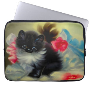 Housse Pour Ordinateur Portable Tableau vintage de chaton noir et blanc