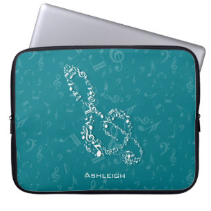 Housse Pour Ordinateur Portable Teal et notes blanches de musique de clef triple