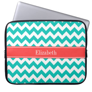 Housse Pour Ordinateur Portable Teal White Chevron ZigZag Coral Name Monogram