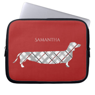 Housse Pour Ordinateur Portable Teckel de plaid sur le rouge