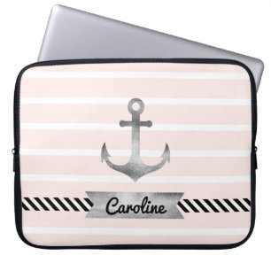 Housse Pour Ordinateur Portable Tendance rose clair rayures Ancre nautique personn