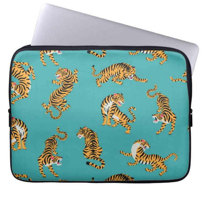 Housse Pour Ordinateur Portable Tiger sur Motif Turquoise (Devant)