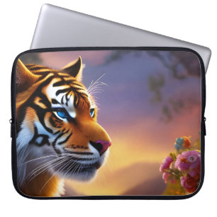 Housse Pour Ordinateur Portable Tigre bleu et fleurs roses