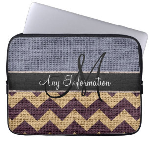 Housse Pour Ordinateur Portable Toile grise monogrammée Chevron Zigzag Burlap Jute