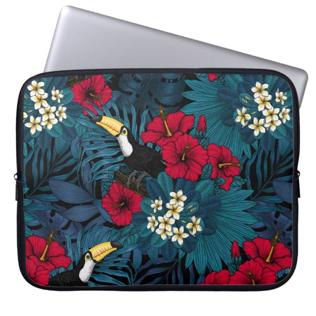 Housse Pour Ordinateur Portable Toucans et flore tropicale, verte et rouge (Devant)