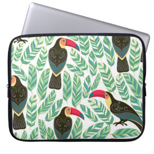Housse Pour Ordinateur Portable Toucans, feuilles tropicaux, motif décoratif.