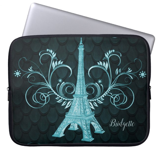 Housse Pour Ordinateur Portable Tour Eiffel Turquoise Floral (Devant)