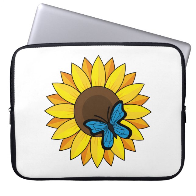 Housse Pour Ordinateur Portable Tournesol et papillon bleu (Devant)