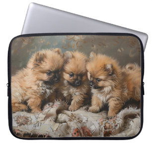 Housse Pour Ordinateur Portable Trio Poméranien de chiot Vintage