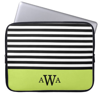 Housse Pour Ordinateur Portable Triple Lettre Monogramme Vert noir blanc rayures