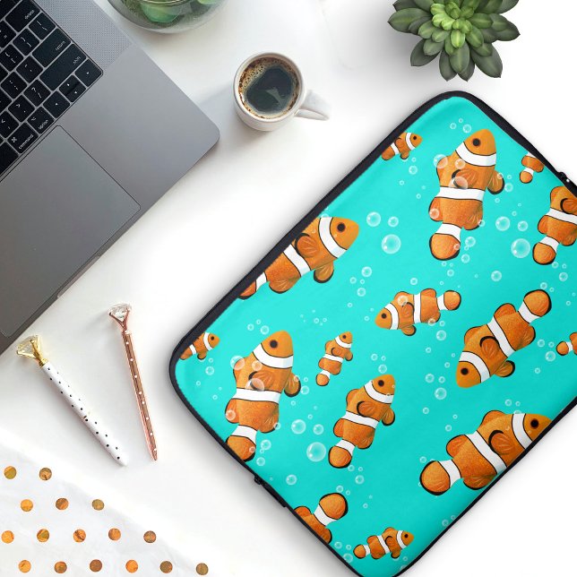 Housse Pour Ordinateur Portable Tropical Clownfish & Bubbles Motif (Tropical Clownfish Pattern Laptop Sleeve)