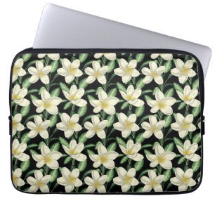 Housse Pour Ordinateur Portable Tropical continu motif fleurs blanches feuille ver