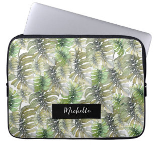 Housse Pour Ordinateur Portable Tropical Monstera Palm Pastel Monogrammed