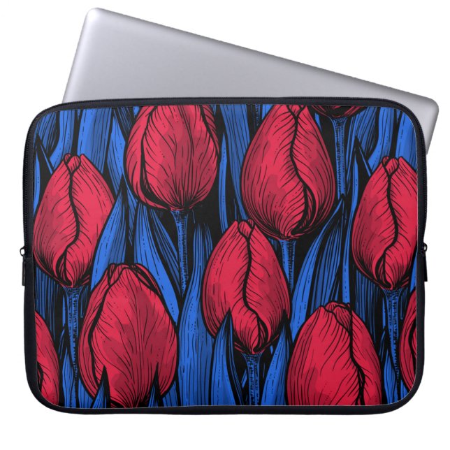 Housse Pour Ordinateur Portable Tulipes en rouge et bleu (Devant)