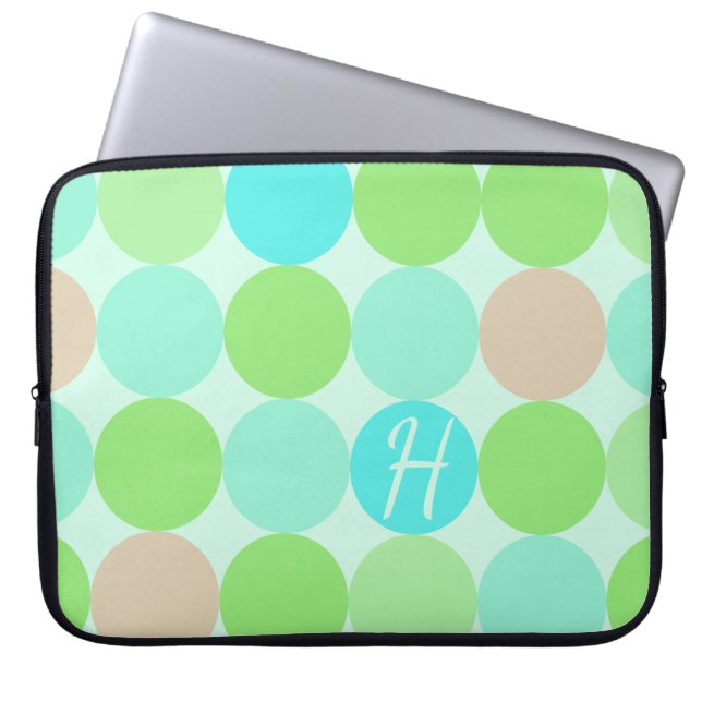 Housse Pour Ordinateur Portable Turquoise Bleu Vert & Cercles Orange Monogramme (Devant)