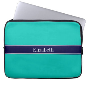 Housse Pour Ordinateur Portable Turquoise solide, Nom du ruban bleu marine Monogra