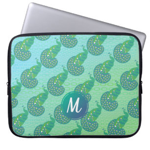 Housse Pour Ordinateur Portable Turquoise vert irisé Peacock Motif Monogramme