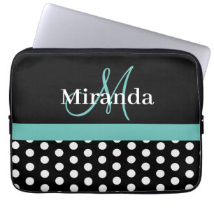 Housse Pour Ordinateur Portable Turquoise vert Monogramme noir blanc Polka point