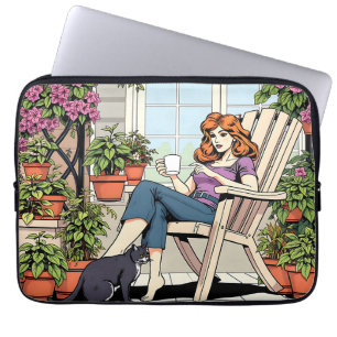 Housse Pour Ordinateur Portable Une femme avec café, chat et Plante