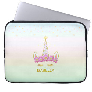 Housse Pour Ordinateur Portable Unicorne dorée, fleurs & étoiles aux couleurs past