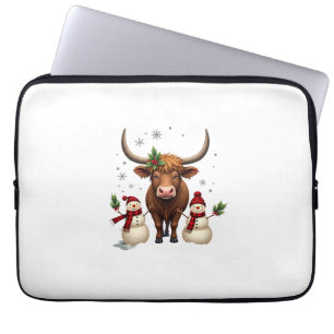 Housse Pour Ordinateur Portable Vache des Highlands de Noël vintage avec bonhommes