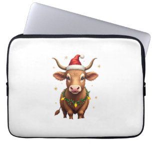 Housse Pour Ordinateur Portable Vache Highland de Noël vintage avec chapeau de Pèr
