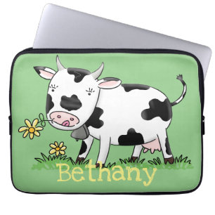 Housse Pour Ordinateur Portable Vache mignonne en vert dessin animé sur le terrain