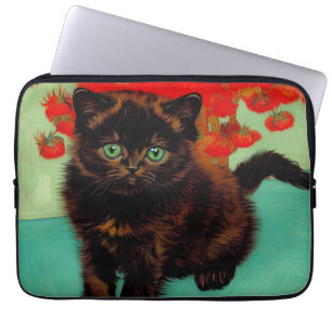 Housse Pour Ordinateur Portable Van Gogh Chat noir Fleurs rouges
