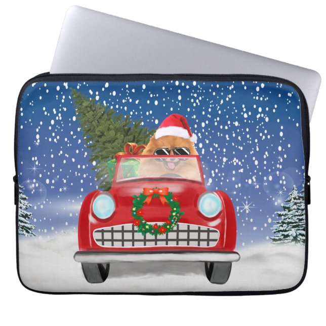 Housse Pour Ordinateur Portable Véhicule De Conduite De Chien Poméranien En Noël D (Devant)