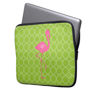 Housse Pour Ordinateur Portable Vert de chaux rose de Flamant rose de monogramme