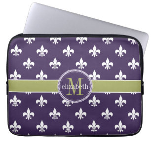 Housse Pour Ordinateur Portable Vert olive pourpre White Fleur de Lis Monogram