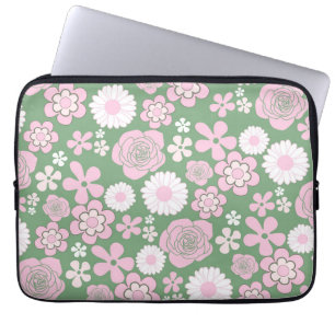 Housse Pour Ordinateur Portable Vert rose blanc rétro Y2K les années 70 Fleur Moti
