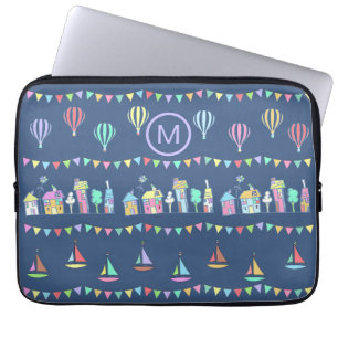 Housse Pour Ordinateur Portable Ville côtière voiliers et guirlandes monogramme