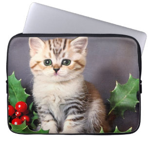Housse Pour Ordinateur Portable Vintage Christmas Kitten et Holly