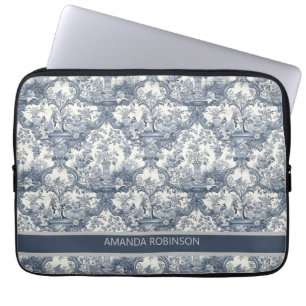 Housse Pour Ordinateur Portable Vintage damas à fleurs Bleu toile de jouy monogram