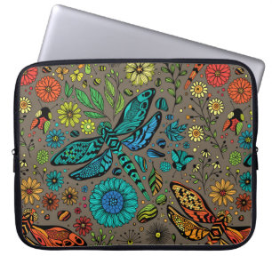 Housse Pour Ordinateur Portable Voler, libellule de mouche sur brun
