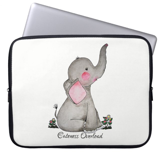 Housse Pour Ordinateur Portable Watercolor Cute Baby Elephant With Blush & Flowers (Devant)