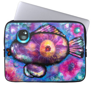 Housse Pour Ordinateur Portable Whimsical Abstrait Big Eyed Poisson Turquoise rose