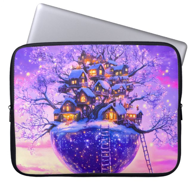 Housse Pour Ordinateur Portable Winter Fantasy Snowy Tree Village Landscape (Devant)