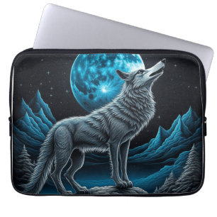 Housse Pour Ordinateur Portable Wolf debout devant la Pleine lune   Art AI