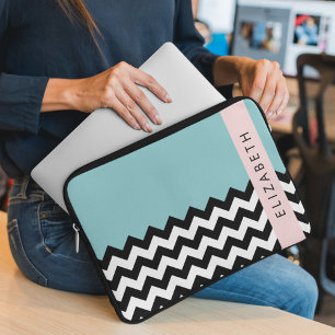 Housse Pour Ordinateur Portable Zigzag noir et blanc, Chevron, Bleu, Votre nom
