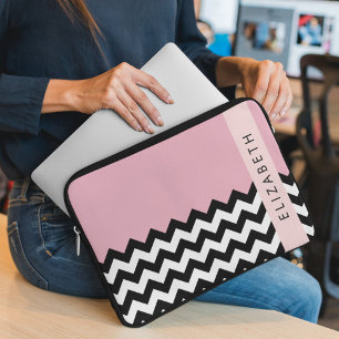 Housse Pour Ordinateur Portable Zigzag noir et blanc, Chevron, rose, Votre nom