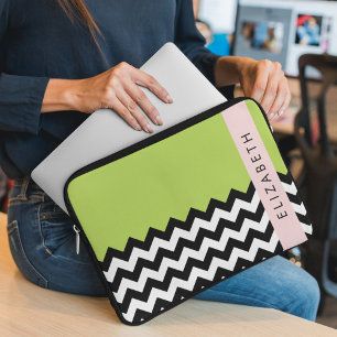 Housse Pour Ordinateur Portable Zigzag noir et blanc, Chevron, Vert, Votre nom