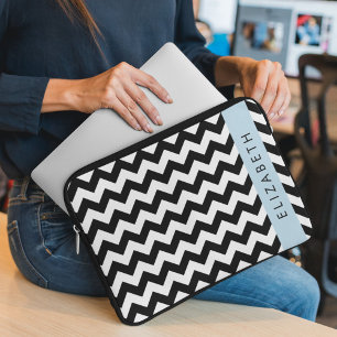 Housse Pour Ordinateur Portable Zigzag noir et blanc, Motif Chevron, Votre nom