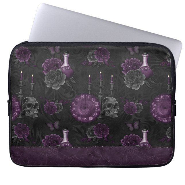 Housse Pour Ordinateur Portable Zodiac Magie | Plum violet foncé Roses de crâne go (Devant)