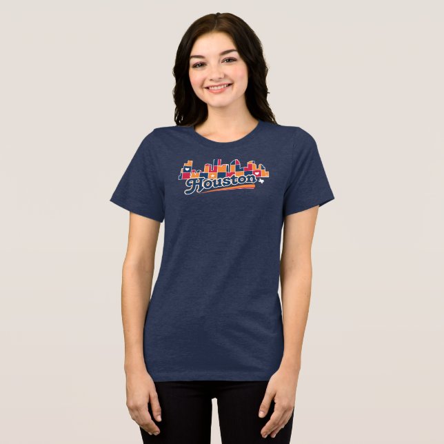 Houston Skyline Patchwork Navy Tri-Blend Shirt (Front Full)