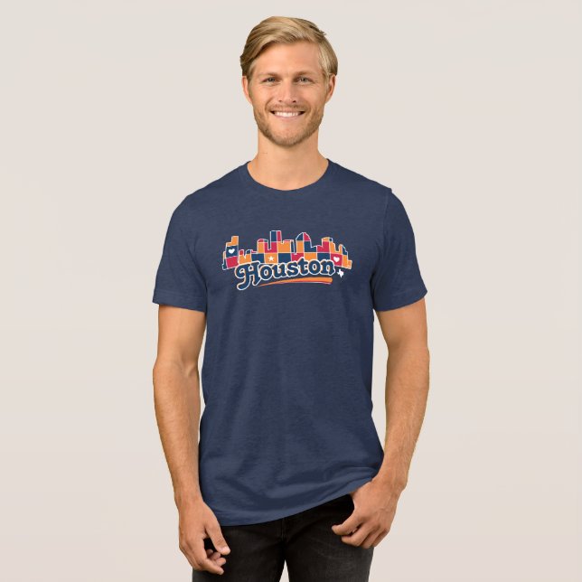 Houston Skyline Patchwork Navy Tri-Blend Shirt (Front Full)