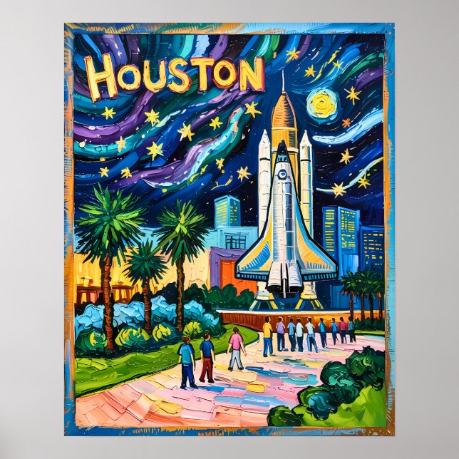 Houston Skyline Space Center Rocket Van Gogh Kids Poster (Front)
